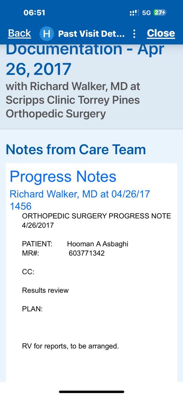 26 Apr 2017 Walker progress note — CC blank, PLAN: RV for reports, to be arranged