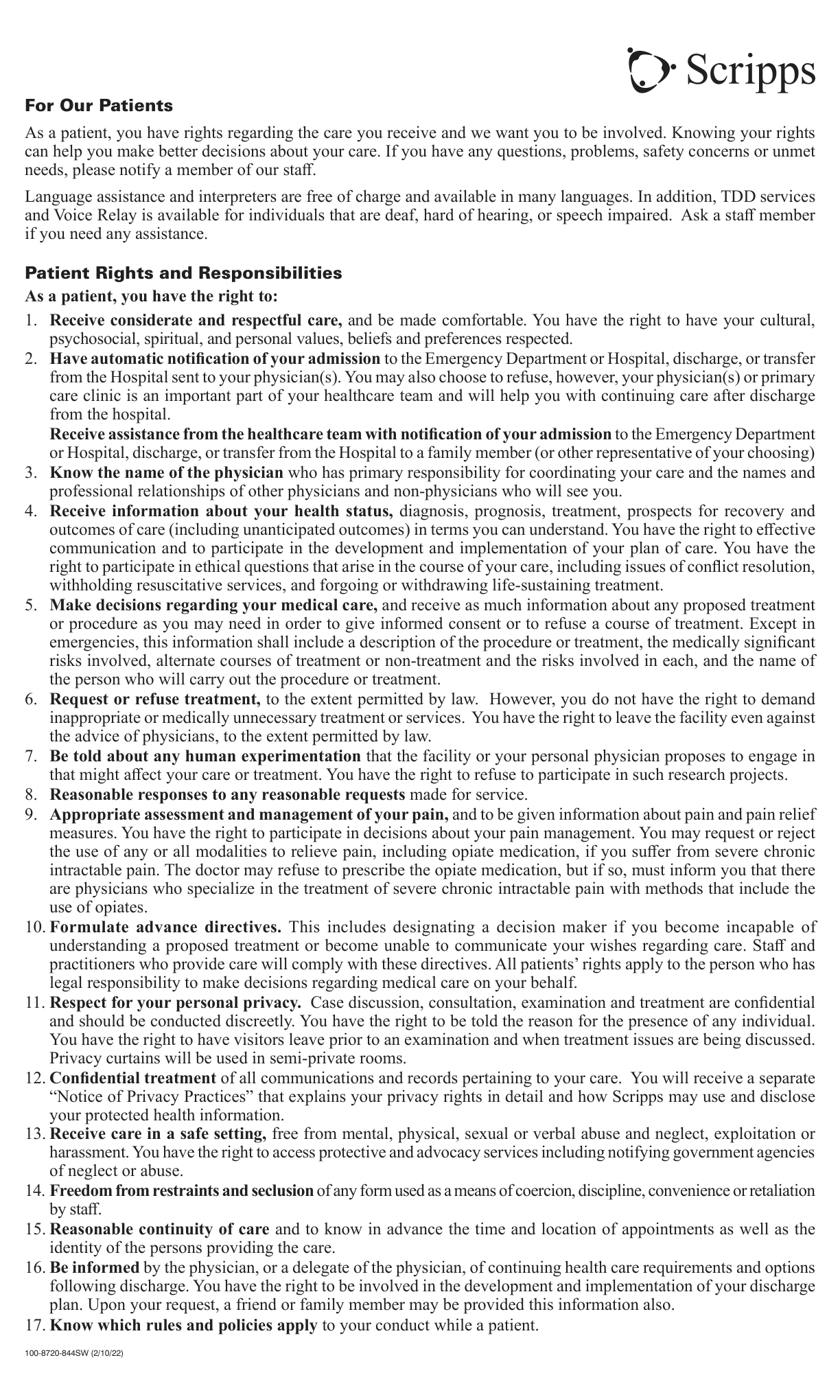 Patient Rights and Responsibilities — items 1–17