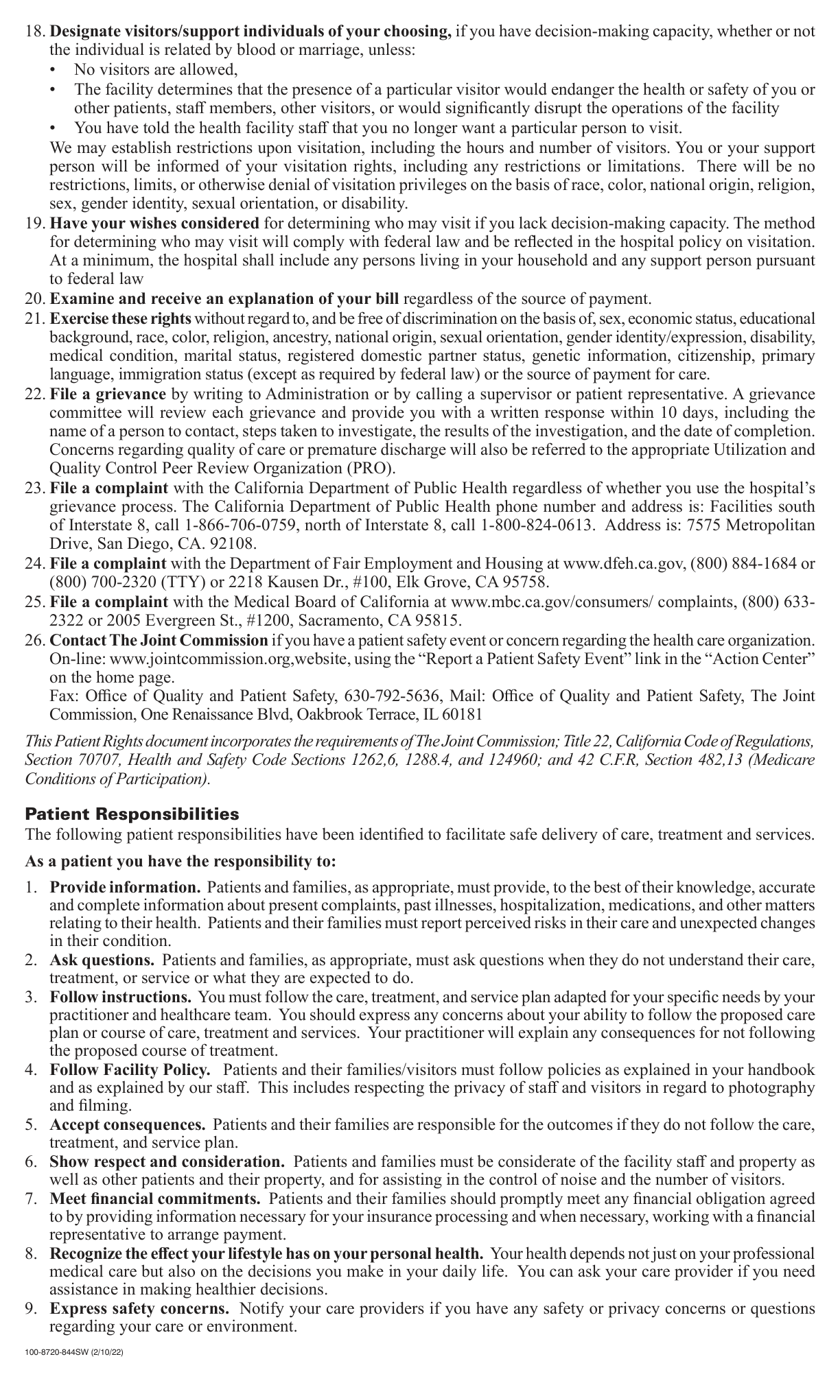 Patient Rights — visitation, grievance, complaints, responsibilities