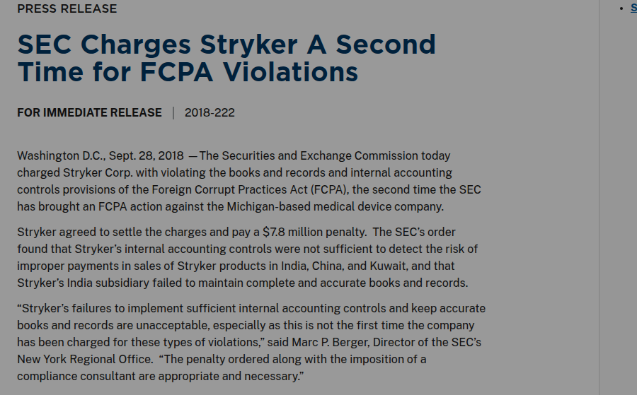 28 Sep 2018 — SEC charges Stryker a second time; $7.8 million penalty