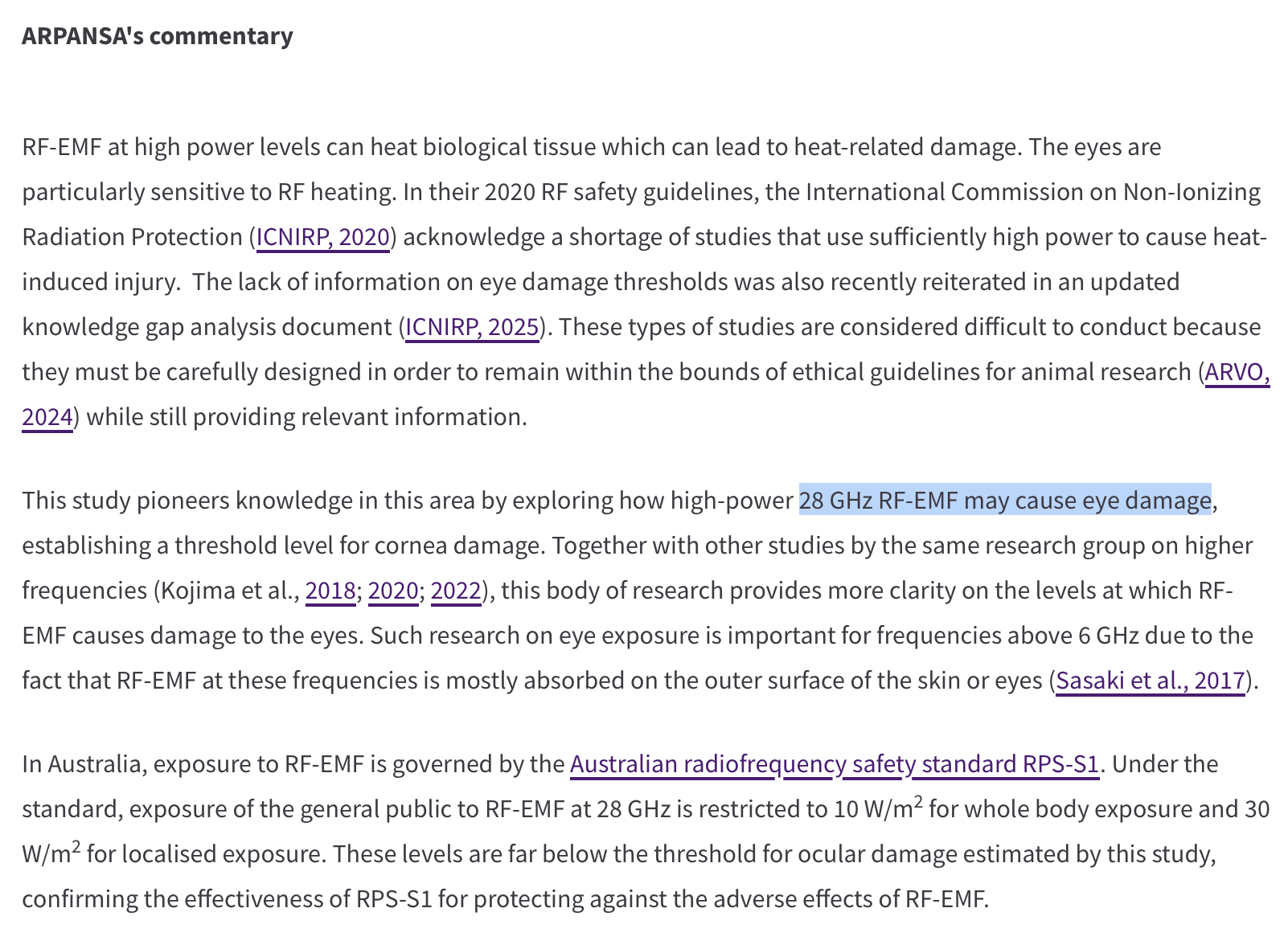 ARPANSA — high-power 28 GHz RF and cornea thresholds