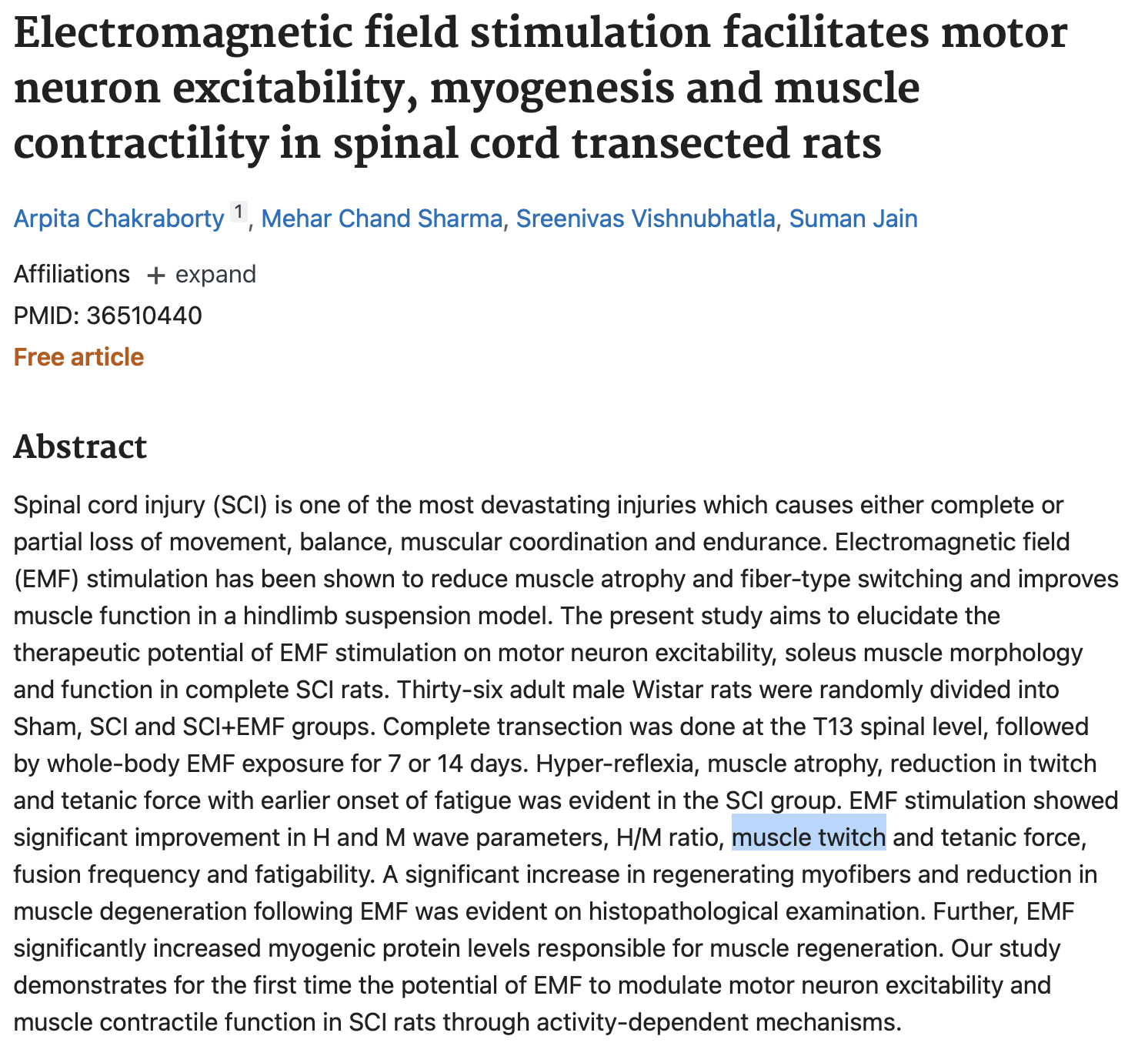 EMF stimulation in spinal-cord-injured rats — twitch improved, in rats