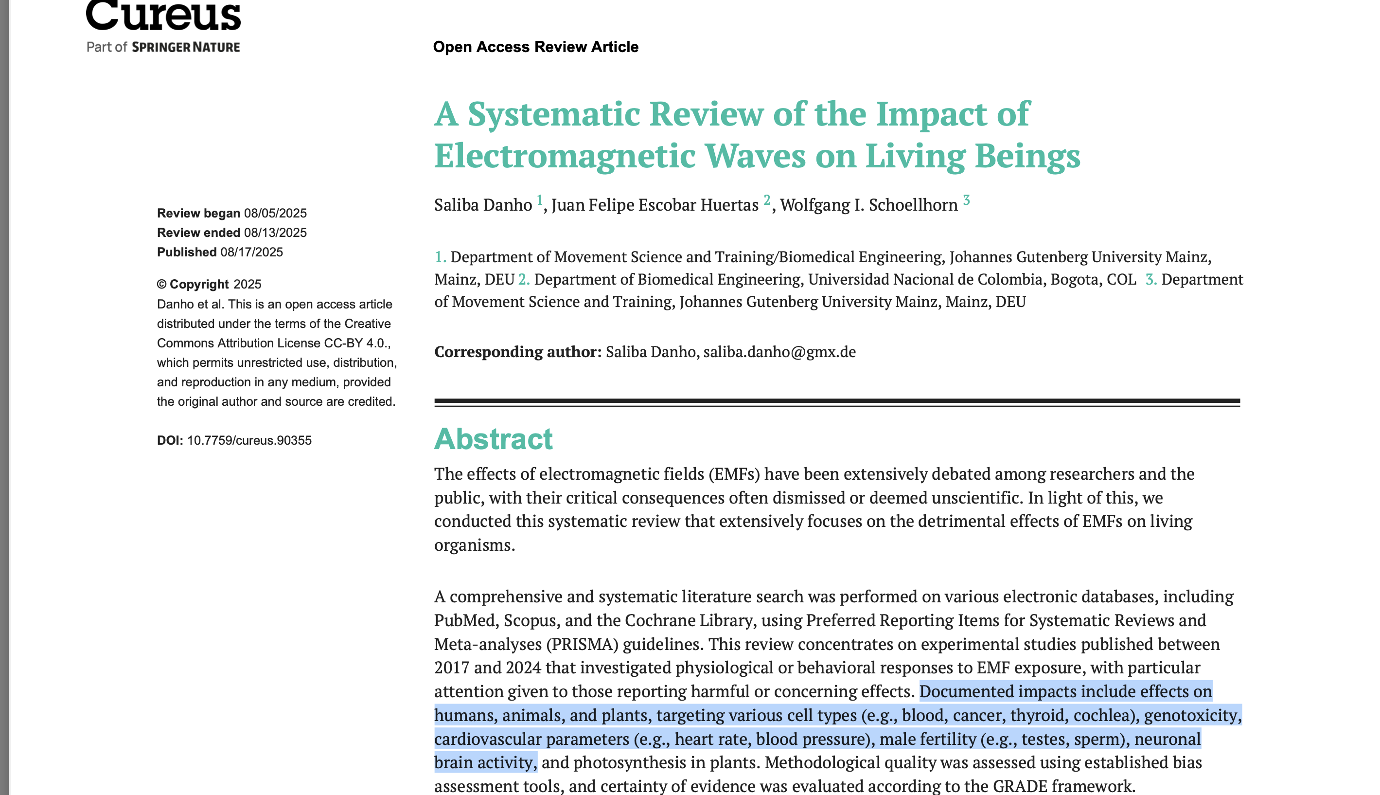 Cureus review — documented EMF impacts, and the authors’ bias line
