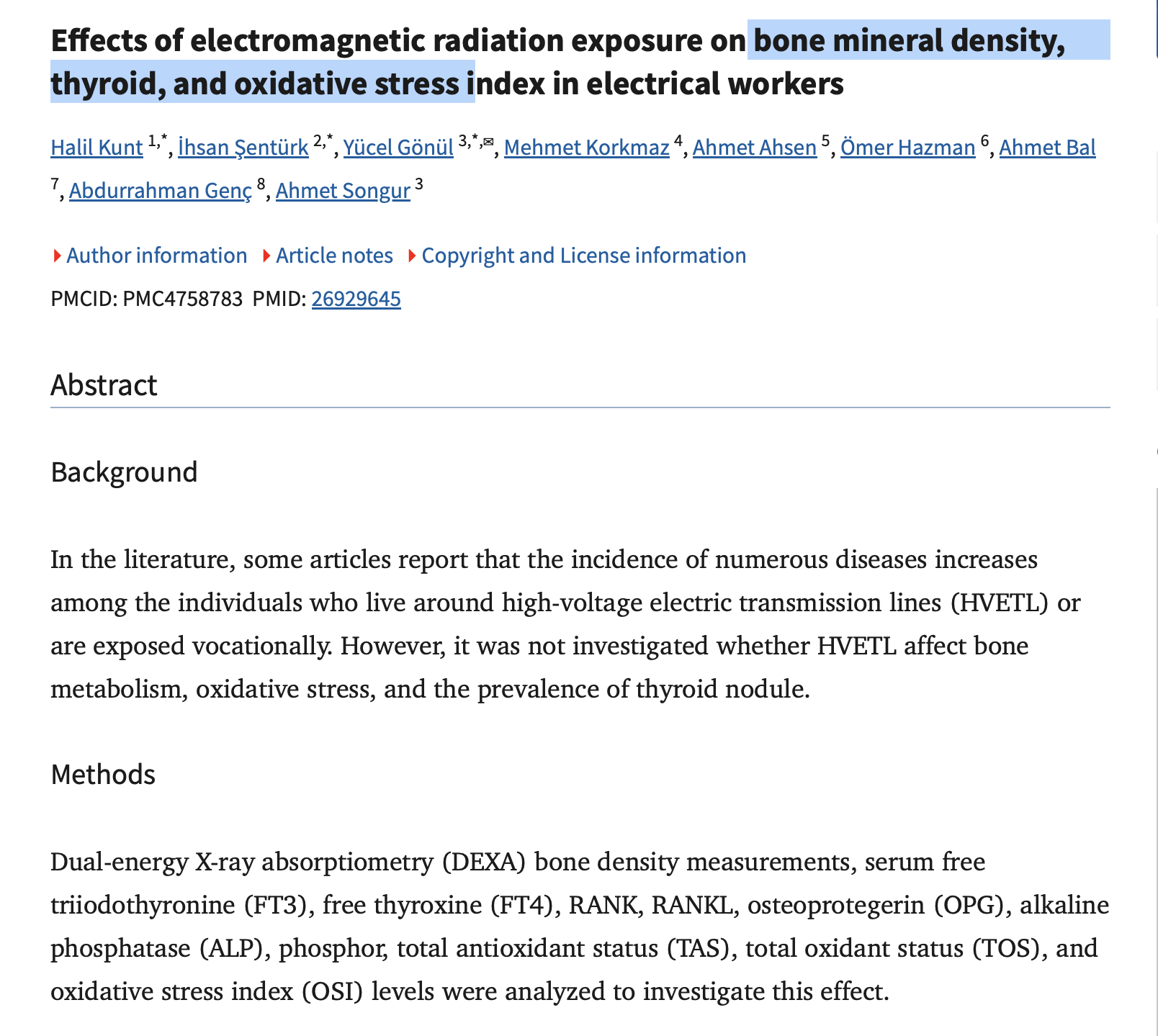 Electrical workers — BMD, thyroid, oxidative stress