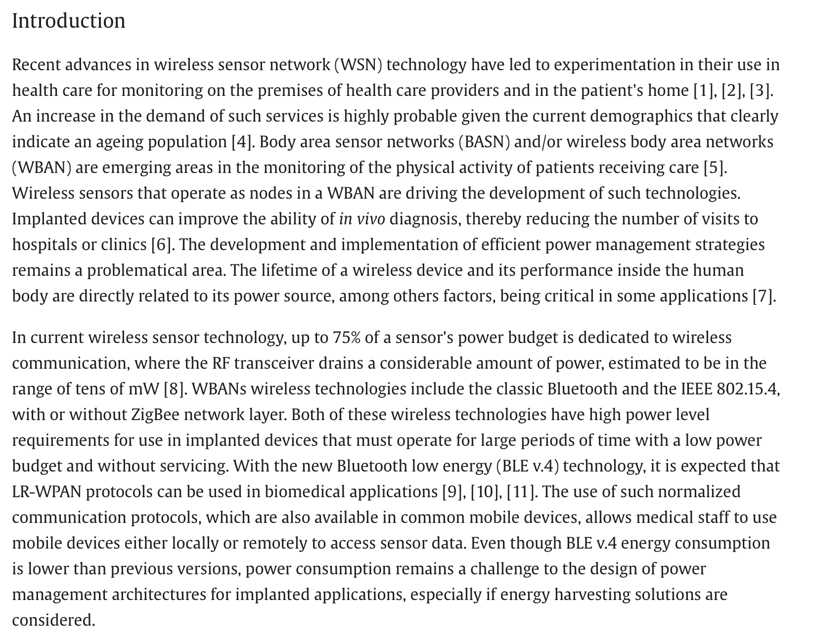 Same paper — introduction. BLE v.4, RF transceiver, mobile devices for sensor data.