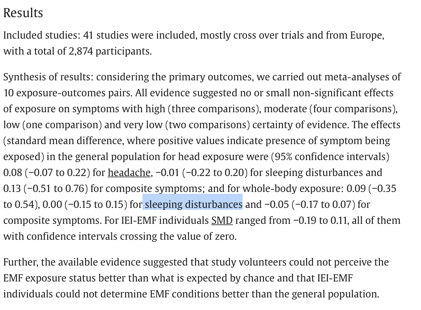 EMF symptom meta-analysis — sleeping disturbances, no significant effect on this face