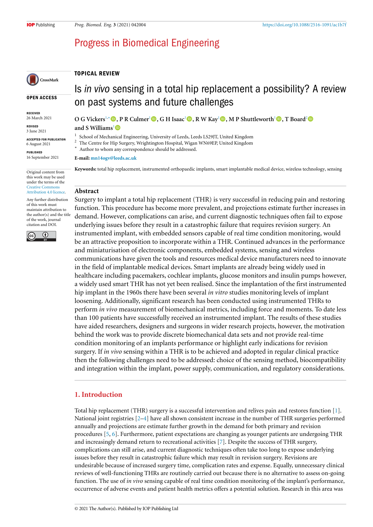 Vickers review — instrumented THR possible; widely used smart THR not yet realised; BLE not used in a hip