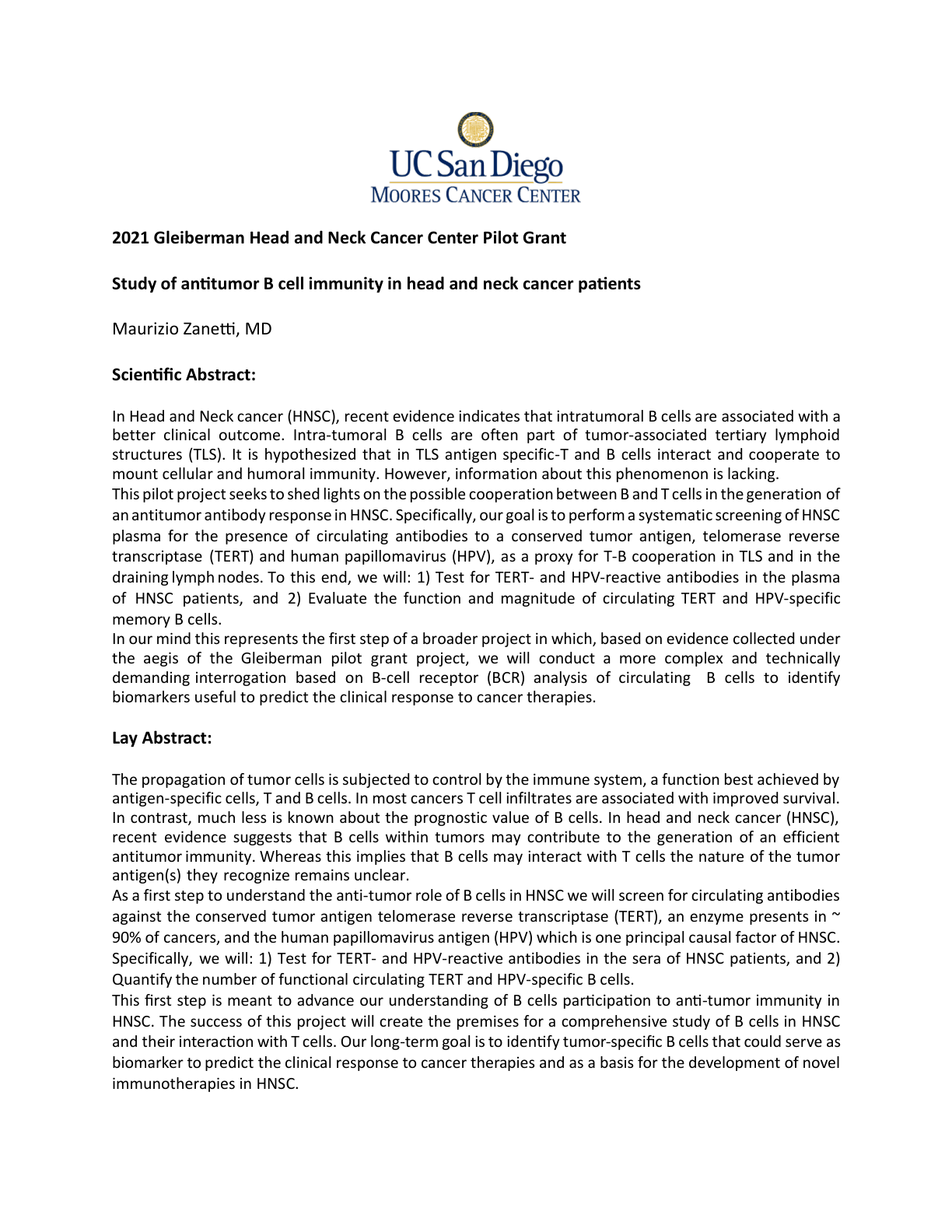 2021 Gleiberman Head and Neck Cancer Center Pilot Grant — Maurizio Zanetti, MD
